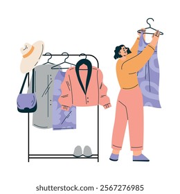 Woman Hold Dress Costume on Hanger at Shooting Film Movie Production Scene Vector Illustration