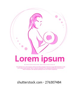 Woman Hold Dumbbell Biceps Logo Color Pink Sport Icon Gym Muscle Exercise Vector Illustration