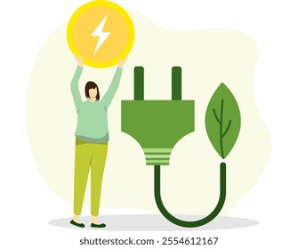 Woman hold electricity symbol near with green plug. Sustainability illustration. Sustainable clean, renewable energy sources and green electricity. 