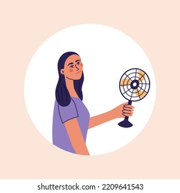 Woman hold fan near her face, female is feel hot and cool body in front of fans. Modern flat vector illustration in trendy colors.