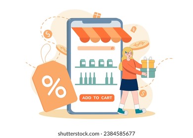 Woman hold gift box. online shopping in online shops. People buy product in online shops. Shoppers buying on internet sale flat vector illustration..