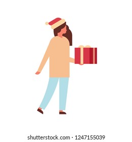 woman hold gift box present merry christmas happy new year holiday celebration concept full length female cartoon character isolated flat