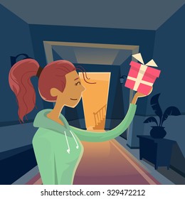 Woman Hold Gift Box Present, Cartoon Girl At Home Holiday Concept Flat Retro Vector Illustration