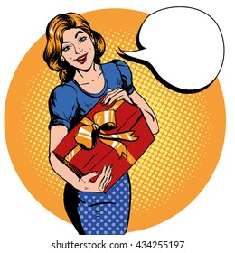 Woman hold gift box. Thank you speech bubble. Vector illustration in retro comic pop art style. Beautiful girl with christmas or birthday gift.