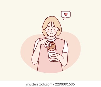 woman hold glass of milk with cookie, Hand drawn style vector design illustrations.