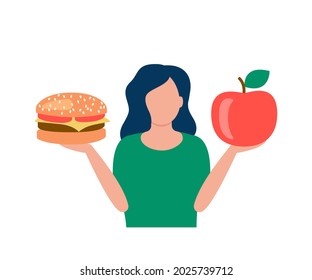 Woman Hold Hamburger And Apple In Hands, Choice Between Healthy And Unhealthy Food. Choice Organic Or Junk Meal. Good Vs Bad Diet. Vector Illustration