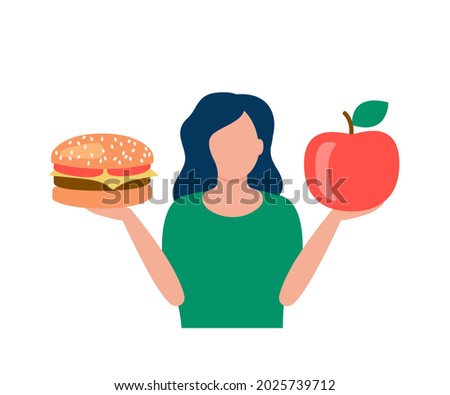 Woman hold hamburger and apple in hands, choice between healthy and unhealthy food. Choice organic or junk meal. Good vs bad diet. Vector illustration