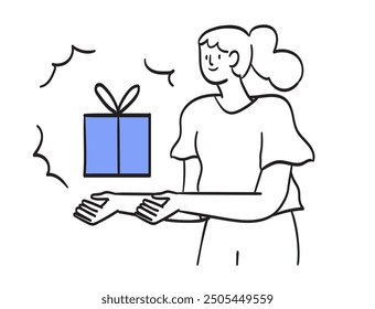 Woman hold in hand gift box with voucher or coupon. Shopping discount certificate for customers concept. Vector illustration in simple doodle line or outline style for sale promotion campaign banner.