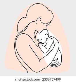 Woman hold her baby. Happy Mother day card. Continuous one line drawing. Vector illustration.