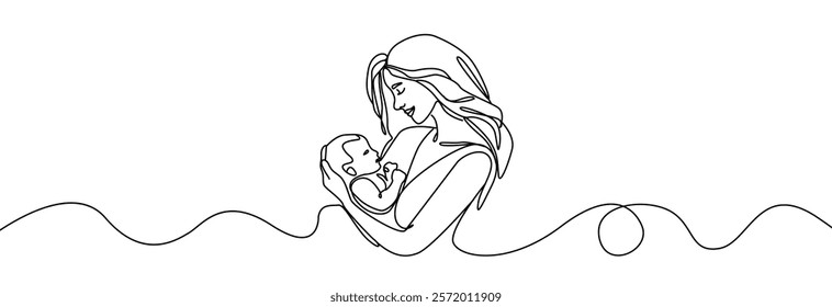 Woman hold her baby. Mothers Day line art. Solid line,continuous one line drawing. Mother holding her baby . Continuous line art vector.Happy Mothers Day concept. Mother hugging a child