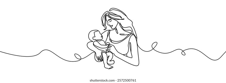 Woman hold her baby. Mothers Day line art. Solid line,continuous one line drawing. Mother holding her baby . Continuous line art vector.Happy Mothers Day concept. Mother hugging a child