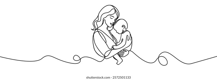 Woman hold her baby. Mothers Day line art. Solid line,continuous one line drawing. Mother holding her baby . Continuous line art vector.Happy Mothers Day concept. Mother hugging a child