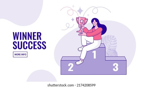 woman hold in her hands trophy prize. girl sitting on the podium on the first place with award. celebrating success in business competition. Flat design illustration.