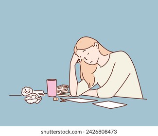 woman hold her head because of illness or stress at work. Hand drawn style vector design illustrations.