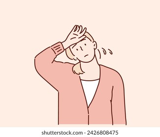 woman hold her head because of illness or stress at work. Hand drawn style vector design illustrations.