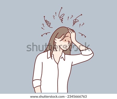 woman hold her head because of illness or stress at work. Hand drawn style vector design illustrations.