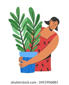 Woman hold houseplant. Character carry potted plant. Decorate interior with succulents and ficuses. People hobby. Gardening concept. Happy girl. Vector cartoon flat isolated house plants illustration