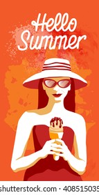Woman Hold Ice Cream Cone Hello Summer Banner Flat Vector Illustration