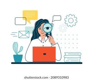 Woman hold a magnifying glass, look for information in database. Concept of quick easy document search, data organization in computer. Optimization of finding websites, files. Flat vector illustration