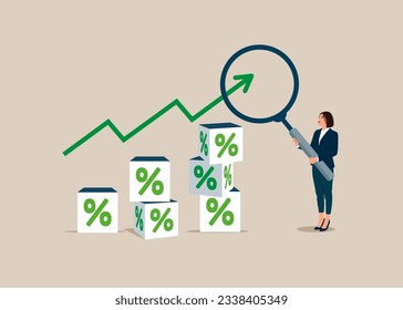 Woman hold magnifying glass with pile of cube block with percentage symbol icon. Interest rate hike due to inflation percentage rising up. Flat vector illustration. 