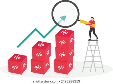 Woman hold magnifying glass with pile of cube block with percentage symbol icon. Interest rate hike due to inflation percentage rising up. Flat vector illustration.

