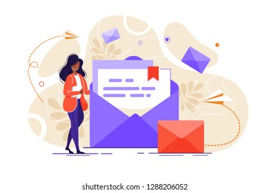 Woman hold mail. chatting, Business woman vector illustration. Working process, New email message, mail notification. Social network, chat, Girl reading letter, New incoming message, sms, spam.