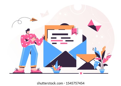 Woman hold mail. chatting, Business woman vector illustration. Working process, New email message, mail notification. Social network, chat, Girl reading letter, New incoming message, sms, spam.