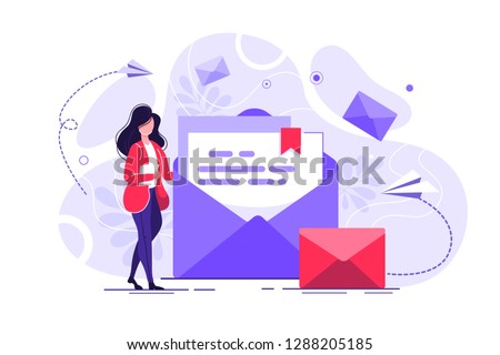 Woman hold mail. chatting, Business woman vector illustration. Working process, New email message, mail notification. Social network, chat, Girl reading letter, New incoming message, sms, spam.