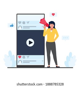 Woman hold megaphone beside phone with social media screen metaphor of mobile marketing.