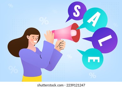 Woman hold megaphone. special offer, e-commerce shop promotion. e-commerce promotion flash sale. certificate or discount coupon. Flat vector outline illustration.