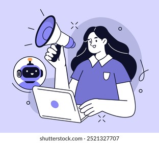 Woman hold megaphone and use ai tools, algorithms, machine learning in digital marketing. Artificial intelligence technology concept. Vector illustration.