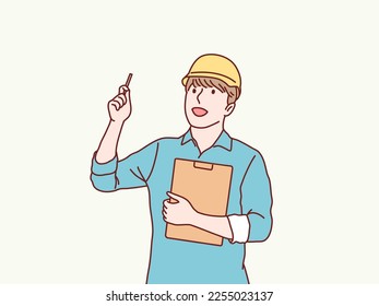 Woman hold note board got idea  pointing on top simple korean style illustration