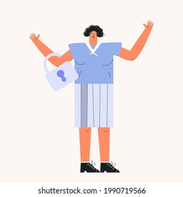 Woman hold padlock flat vector illustration isolated on white background. Security, protection, information defend concept. Female character is guard with lock. Middle aged lady with hands up