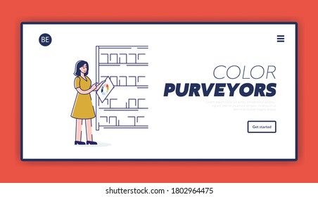 Woman hold palette swatch choosing color of paint for renovation work at home. Template landing page with female designer choose paint for house design and wall painting. Linear vector illustration