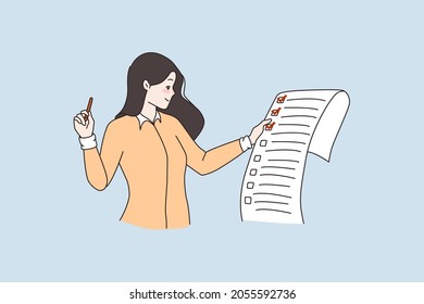 Woman hold paper to do list check tasks with mark symbol. Smiling girl note completed finished assignments on document. Time management and planning concept. Cartoon flat vector illustration.