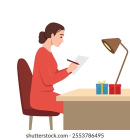 Woman hold a pen and write down goals or a wish list. Flat vector illustration isolated on white background