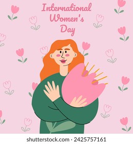 Woman hold a pink flower. International Women's Day. March 8. Used for greeting card, and poster design.