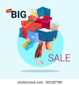 Woman Hold Present Box Stack Black Friday Big Sale Banner Vector Illustration