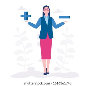 Woman hold PROS AND CONS sign, Vector illustration for web banner, infographics, mobile. research, surveys.