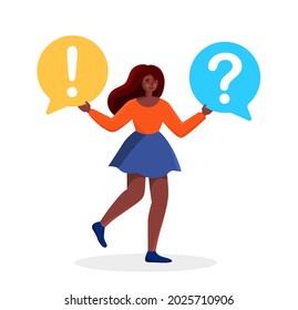 Woman hold Q A buble spech. Answer and Question concept. Vector flat illustration concept.