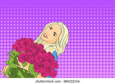 Woman Hold Rose Flower Bouquet Pop Art Colorful Retro Style Vector Illustration