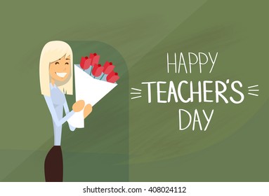Woman Hold Rose Flower Bouquet Teacher Day Holiday Greeting Flat Vector Illustration