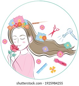 Woman hold rose flower in logo of beauty salon.vector illustrated 