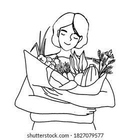 Woman hold shopping bag with local farmers vegetables and fruits. Female customer shopping at farmers market. Support small business concept. Vector illustration of green, eco friendly lifestyle and h