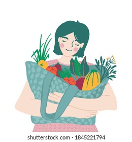 Woman hold shopping bag with local farmers vegetables and fruits. Female customer shopping at farmers market. Support small business concept. Hand drawn illustration of green, eco friendly lifestyle a