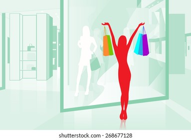 Woman hold Shopping Bags Shop Window Modern Luxury Mall Center Vector Illustration