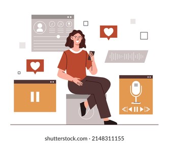 Woman hold smartphone. Girl watches content on Internet, social networks and digital world. Character listening to podcast or music, watching video, reading. Cartoon flat vector illustration