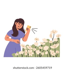 Woman hold smartphone in hands, hurrying to take flower photo on spring