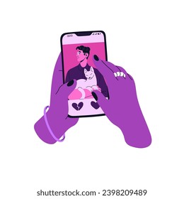 Mujer con el smartphone en la mano, busca pareja romántica en aplicación de citas. La gente roba una foto, elige el servicio de citas. Amor en línea, relación. Ilustración de vector aislado monocromo y plano en blanco