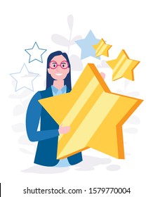 Woman Hold Star. Feedback With Stars Vector Illustration. Story Of Success, Happy, Victory, Relationship. Business Woman Make Or Have Satisfaction Rating Or Positive Review